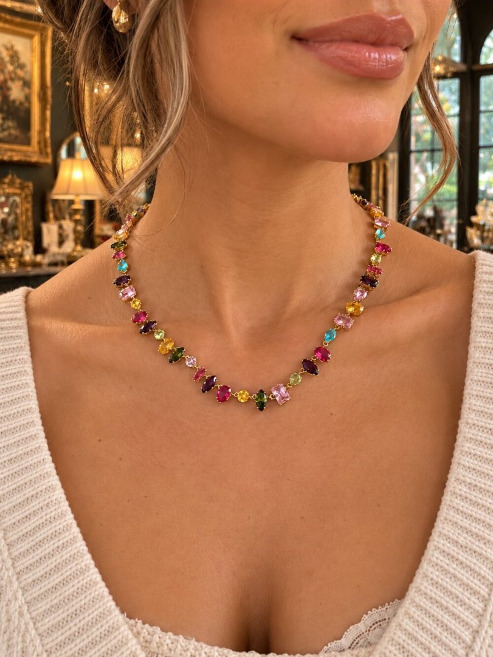 Multicolor Crystal Necklace Rainbow Gemstone Statement Gold Tone Jewelry